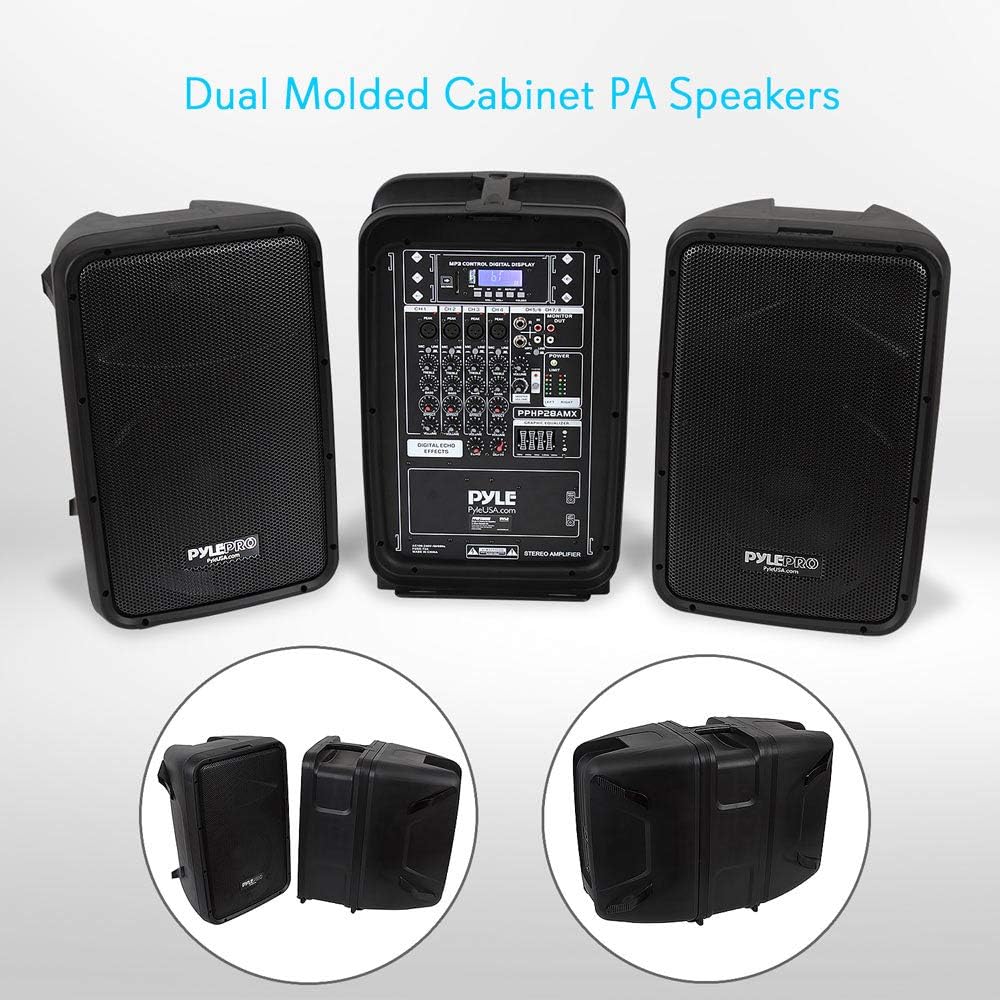 PA Speaker DJ Mixer Bundle - 300 W Portable Wireless Bluetooth Sound System w/ USB SD XLR 1/4 RCA Inputs - Dual Speaker, Mixer, Microphone, Stand, Cable - Home/Outdoor Party - Pyle PPHP28AMX,Black