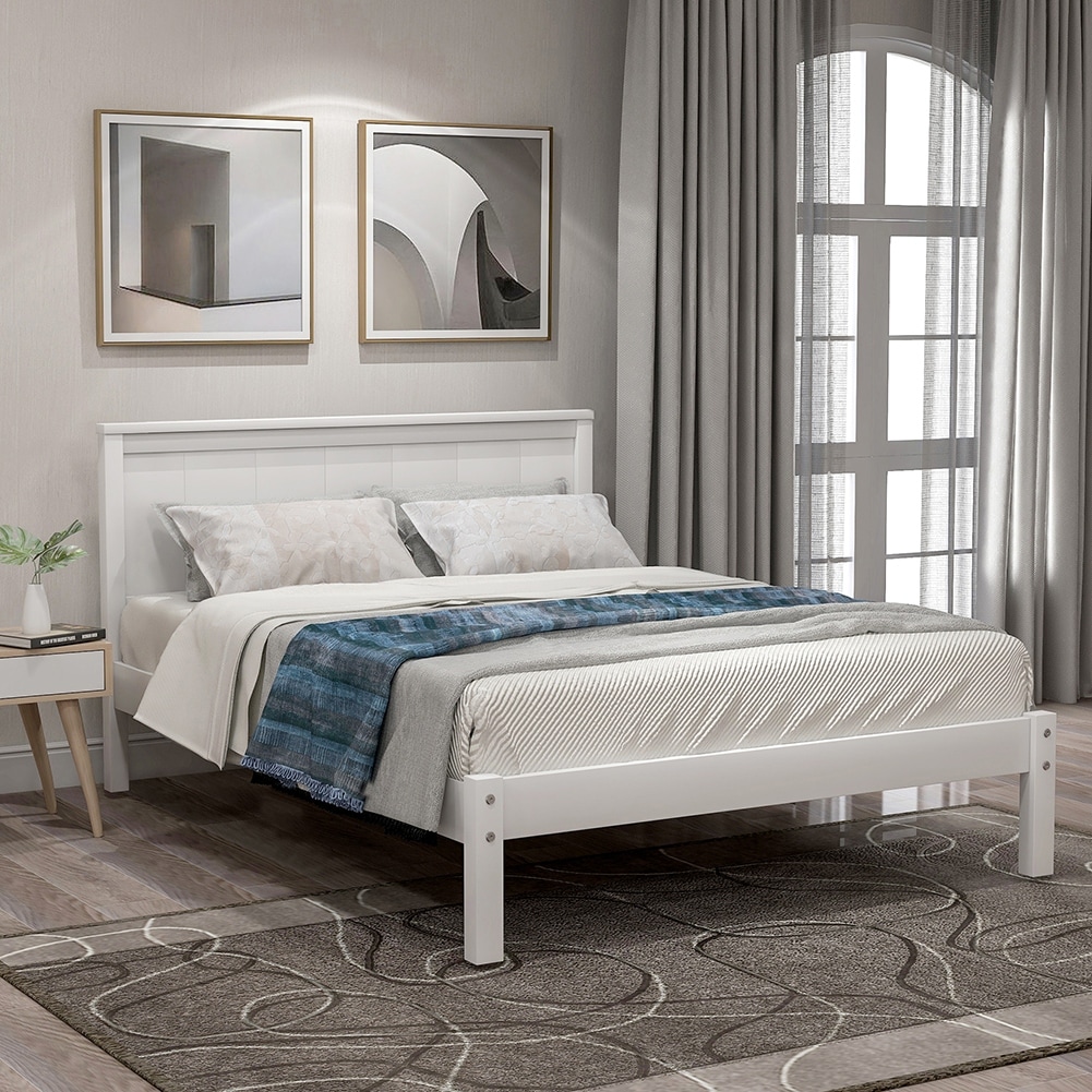 2-Color Platform Bed Frame with Headboard , Wood Slat Support White Full
