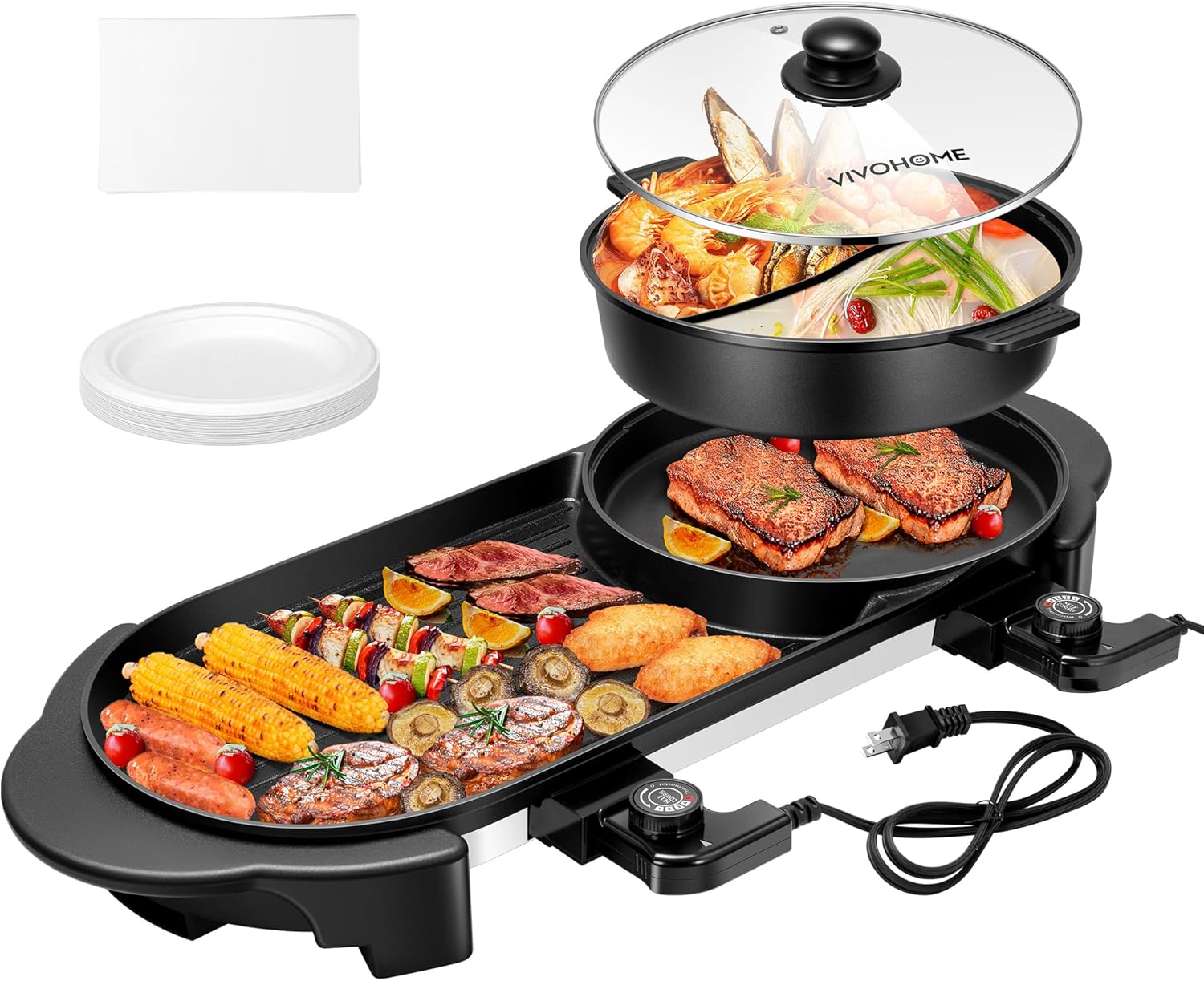 VIVOHOME 2200W Electric Hot Pot with Grill, Removable Shabu-shabu Pot w/Non-stick Baking Pan, Separate Temperature Control 2-IN-1 Hotpot BBQ for 1-6 People Family Dinning