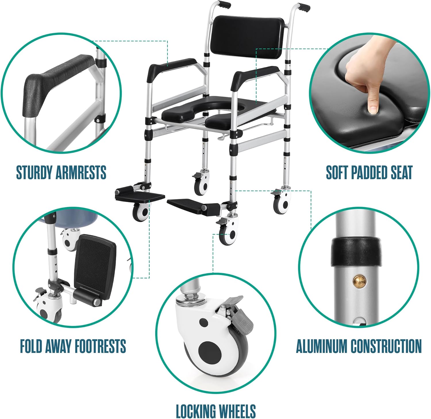 Houseables Shower Chair with Wheels, Shower Wheelchair, Rolling Shower Chair, Shower Commode Wheelchair, Bedside Toilet Chair for Elderly, Handicap Shower Chair with Wheels, Height Adjustable