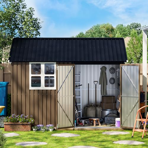 10X12X7.5 FT Outdoor Steel Storage Shed with Lockable Doors, 2 Windows, Transparent Roof Panels (Wood Panels & Frame Floor Not Included), Ideal for Patio Storage,Garbage Can, Chicken Coop，Brown
