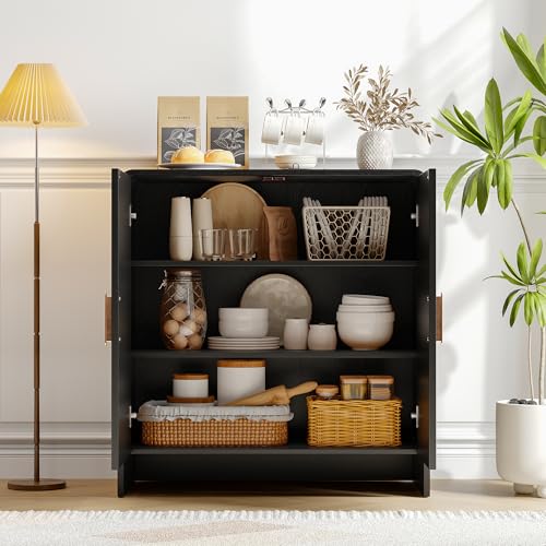 60" Sideboard Buffet Cabinet with Storage, Curved Design Farmhouse Coffee Bar Cabinet with 4 Doors & Adjustable Shelves for Living Room, Kitchen, Hallway, Walnut