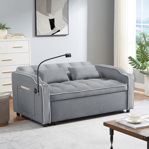 3-in-1 Velvet Pull Out Couch in 3 Lengths,with Adjustable Backrest, Storage Pockets & Pillows Convertible Sleeper Sofa Bed