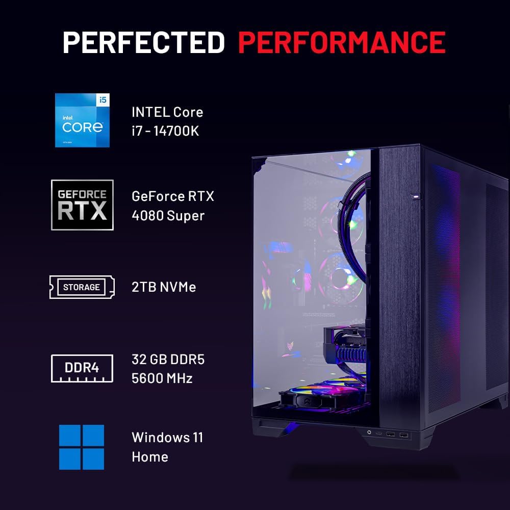 Skytech O11V Gaming PC Desktop, Intel i7 14700K 3.4 GHz (5.5GHz Turbo Boost), NVIDIA RTX 4080 Super 16GB GDDR6X, 2TB Gen4 SSD, 32GB DDR5 RAM 5600 RGB, 1000W GOLD ATX 3.0 PSU, 360mm ARGB AIO, Wi-Fi