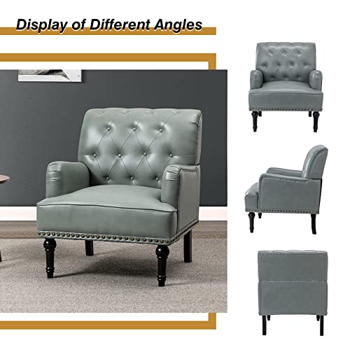HULALA HOME Faux Leather Accent Chair with Button-Tufted Back, Comfy Upholstered Armchair with Nail Head Trim and Retro Wood Legs, Single Sofa Chair for Living Room Bedroom,SAGE