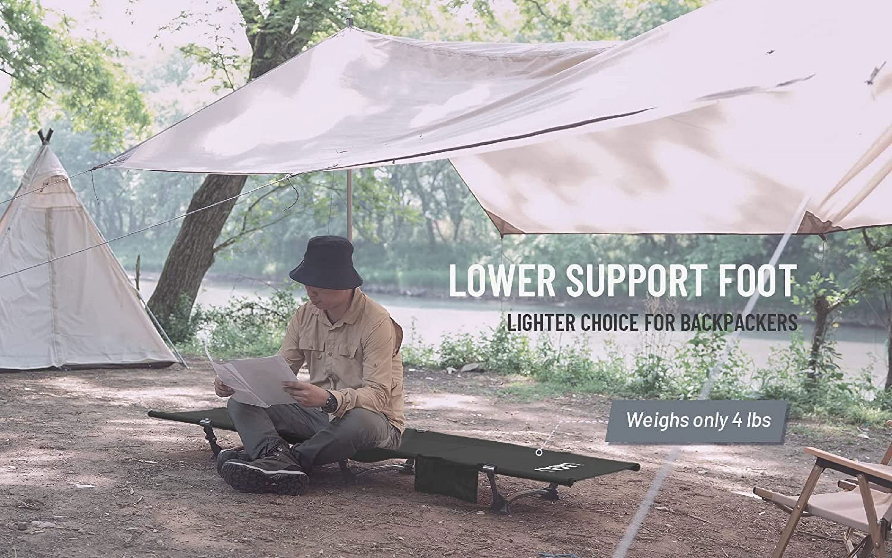 RUO Foldable High/Low 2 Modes Camping Cot with Side Pocket, Extend Legs, Storage Bag, Ultralight & Durable Backpacking Travel Tent Cot, Easy to use for Woman & Man
