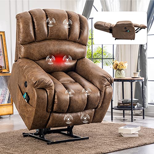 Large Dual OKIN Motor Power Lift Recliner Chair for Elderly Heated Massage Lay Flat Sleeper Electric Recliner Overstuffed Wide Recliners, Infinite Position, Side Pockets & USB Ports, Gray