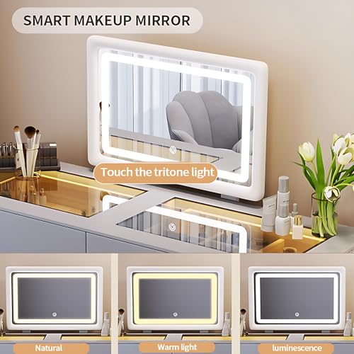 Vanity Table with Drawers - Fashion Vanity Table Set | LED Makeup Mirror & Chair Included | Solid Wood Bedroom Vanity | Atmosphere Light Design | New Makeup Experience (White, 40")
