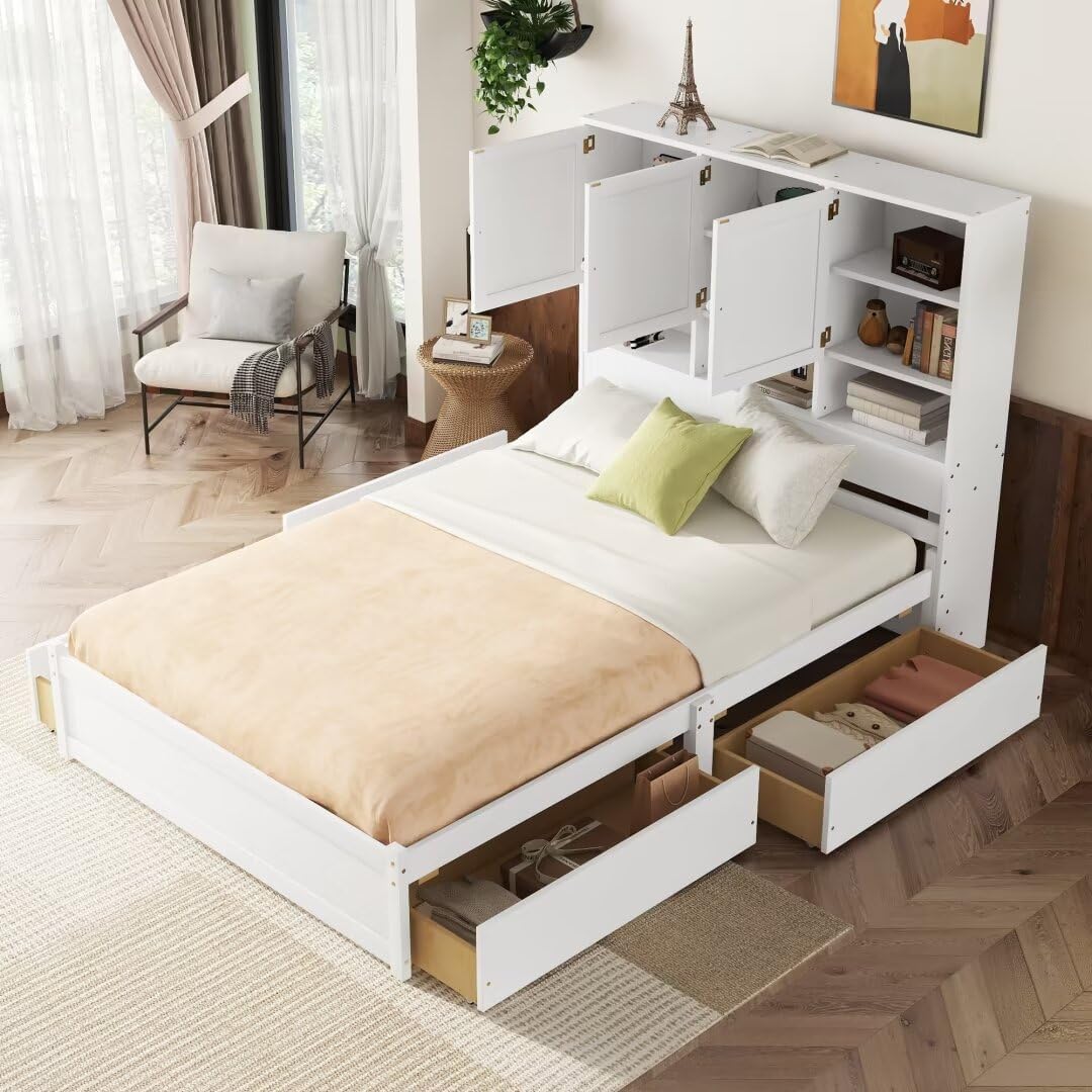 Modern Designs Queen Size Platform Bed with 4 Storage Drawers & Bookcase Headboard, Wooden Full Bed Frame with Charging Station for Kids Teens Adults, No Box Spring Needed, White