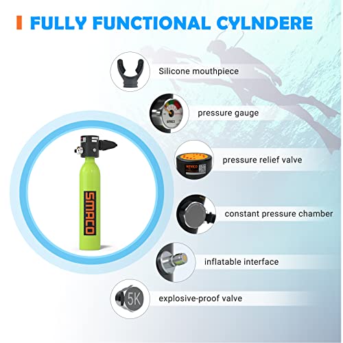 SMACO S300Plus Double Scuba Tank Scuba Diving Tank with 0.5L Capacity Supports 6-12 Minutes Underwater Breath Time Inflatable Small Scuba Cylinder for Shallow Water Free Diving/Underwater Work