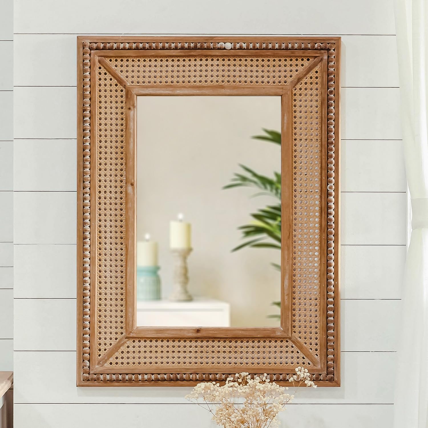 Boho Rattan Wall Mirror Wooden Framed Rectangle Mirror Wood Decorative Farmhouse Hanging Mirror for Bathroom Vanity Entryway Living Room Home Wall Decor - 24.21" x 1.18" x 32.28"