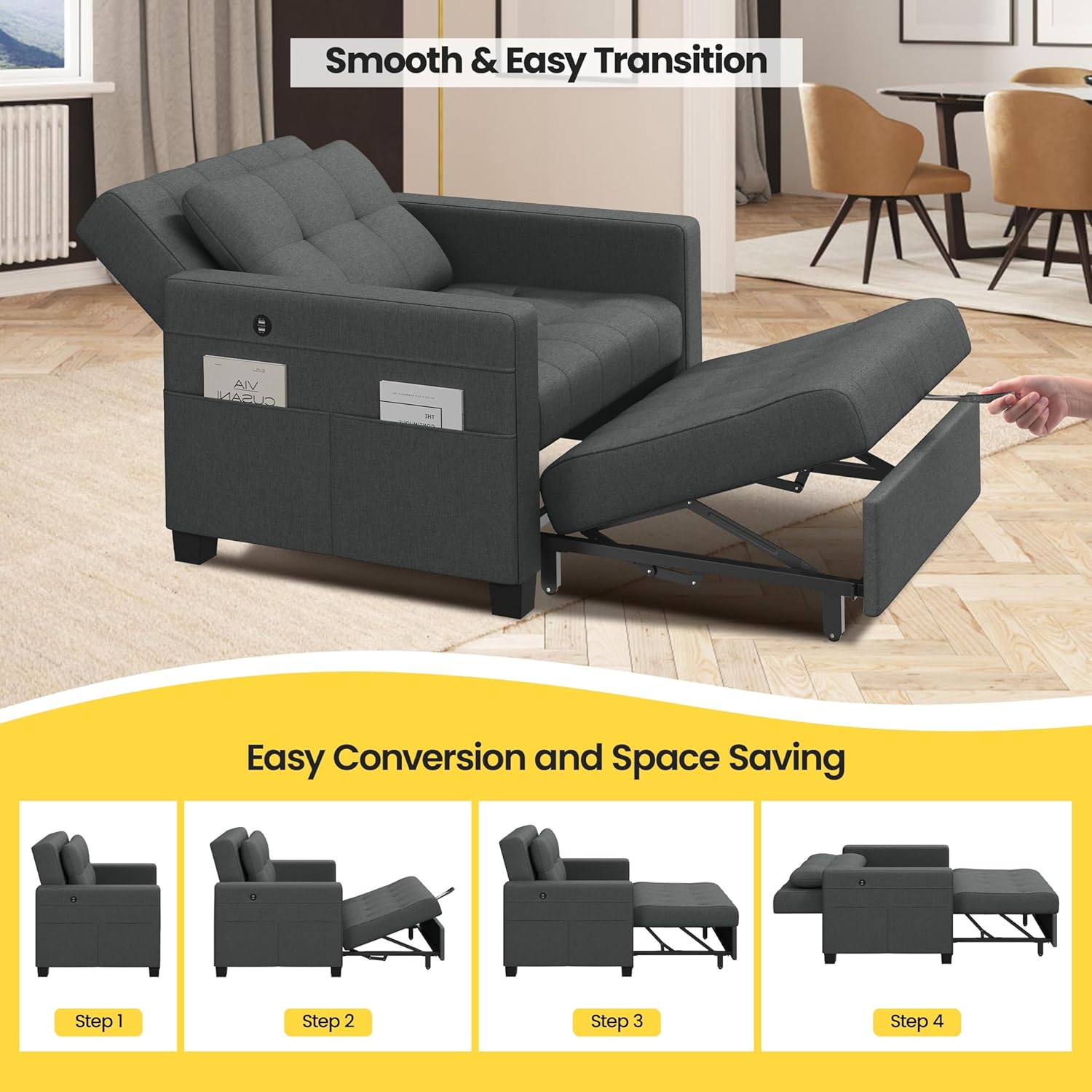 Yaheetech Convertible Chair Bed Fabric Futon Sofa Chair 3-in-1 Sleeper Chair Adjustable Armchair Sleeper with 2 USB Ports for Living Room Limited Space Office Apartment, Dark Gray