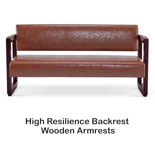 BarberPub Waiting Room Chairs, Bench with Backrest, Modern Style Leather Bench with Rivets, Faux Leather Armed Bench, Upholstered Bench for Living Room Office W423 (Brown)