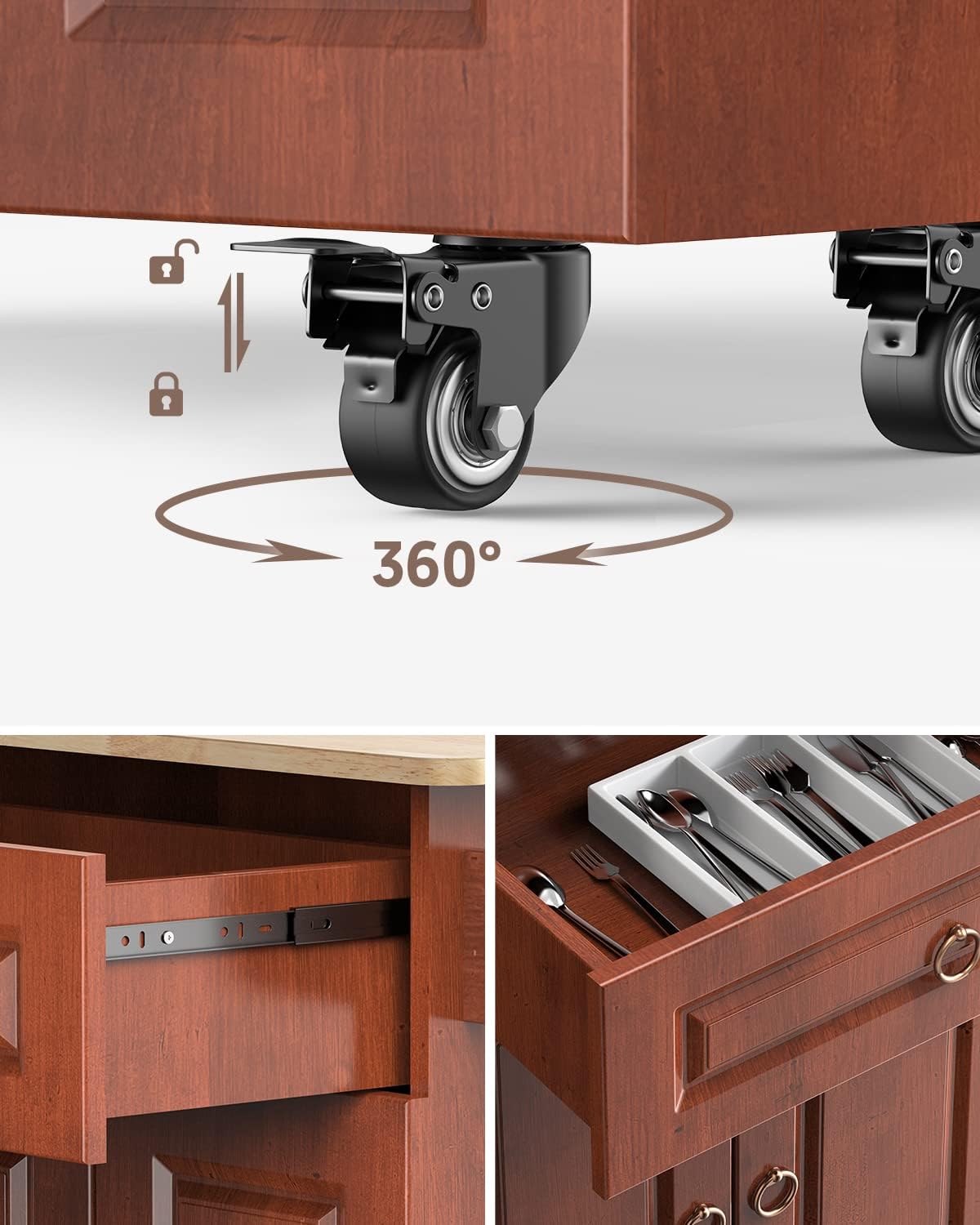 Qsun Kitchen Island with Drop Leaf Countertop, Wood Kitchen Island Cart on Lockable Wheels with Two Large Drawers and Two Large Storage Cabinet with Double Doors, Brown