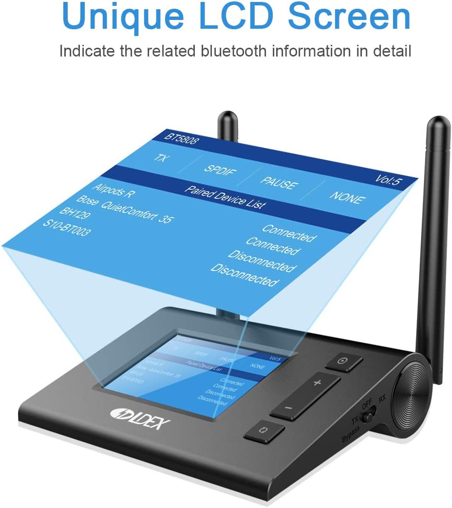 Bluetooth Transmitter Receiver, Wireless Bluetooth Adapter with Unique LCD Display, Low Latency Bluetooth 5.0 Audio Adapter, Dual Link Optical RCA AUX for Headphones, TV, PC, Laptop and Speaker