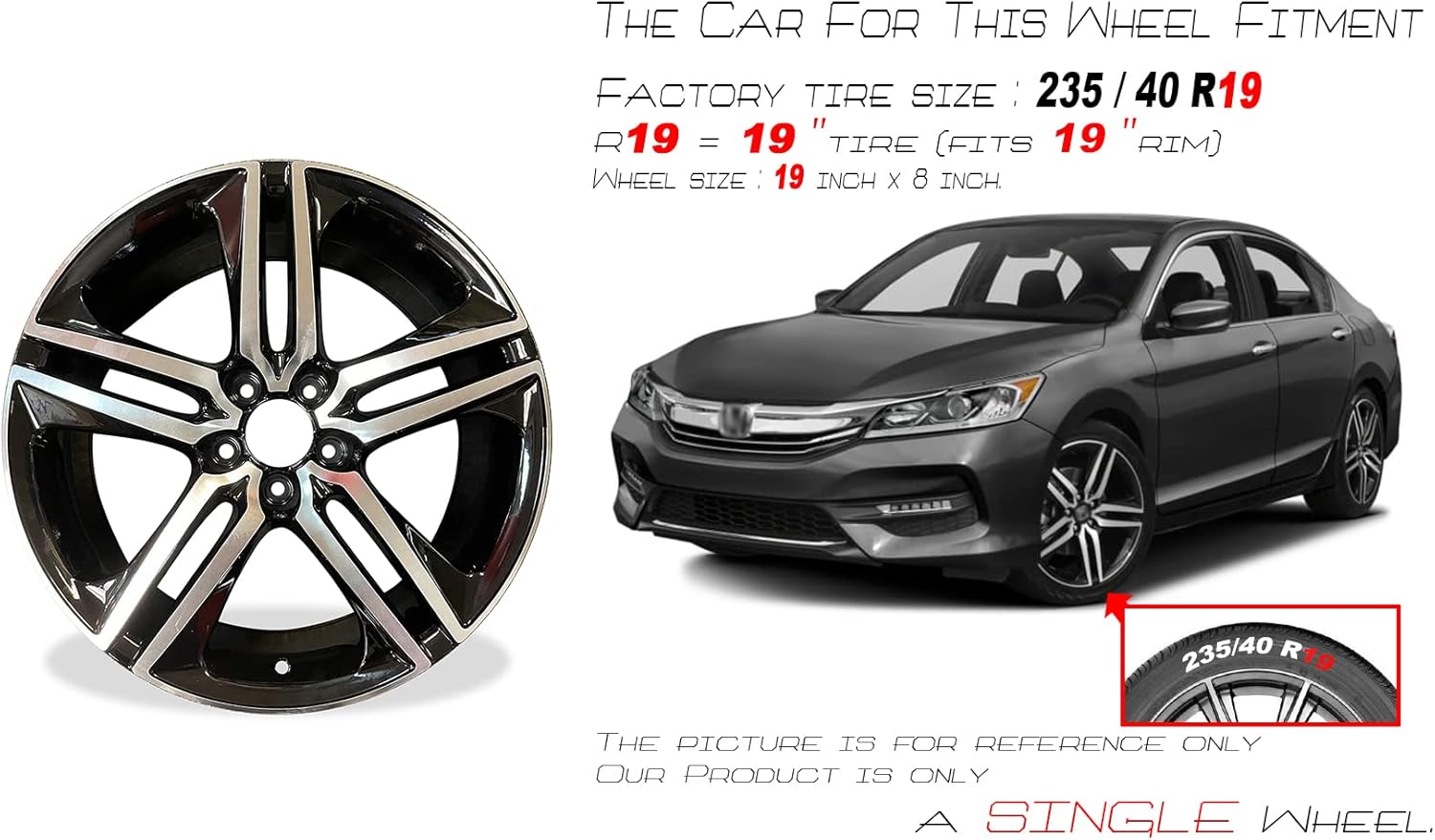 19" New Single 19x8 Alloy 5 spoke Wheel for Honda Accord 2016 2017 Machined Black OEM Design Replacement Rim