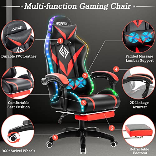 Gaming Chair with Massage and LED Lights Ergonomic Video Game Chairs with Footrest High Back Reclining Computer Chair with Adjustable Lumbar Support Blue and White