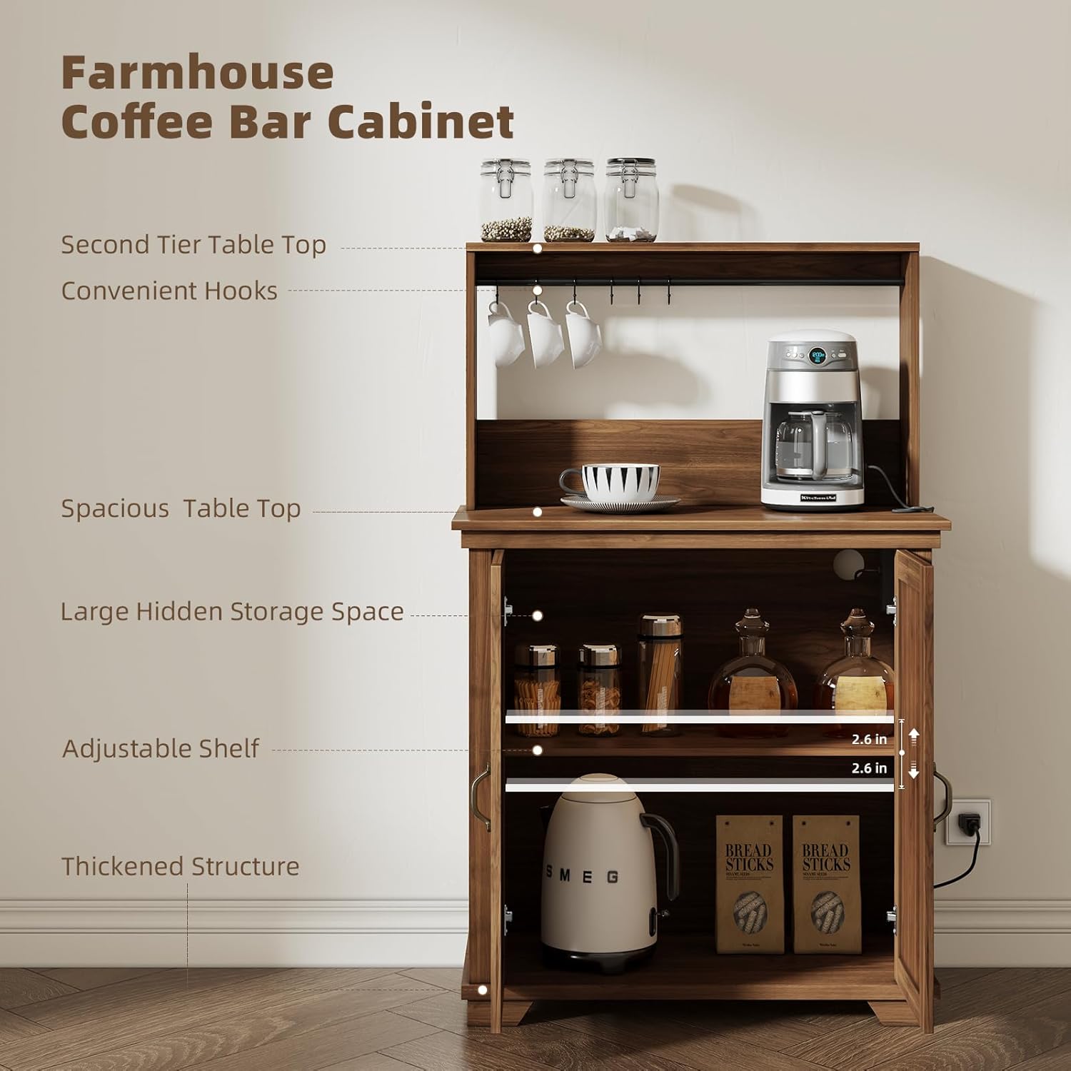 Coffee Bar Cabinet with Storage,Farmhouse Coffee Bar Table with Charging Station,Coffee Buffet Cabinet with 6 Hooks & Adjustable Shelf,Corner Coffee Bar Hutch for Living Dining Room,Kitchen,Walnut