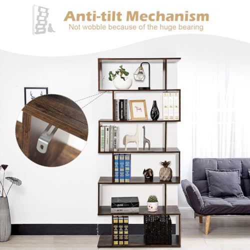 Tangkula 6-Tier Geometric Bookcase, Modern S-Shaped Storage Display Bookshelf for Living Room, Anti-Toppling Device, Home Office Wooden 6 Shelf Open Bookcase (2, Black)