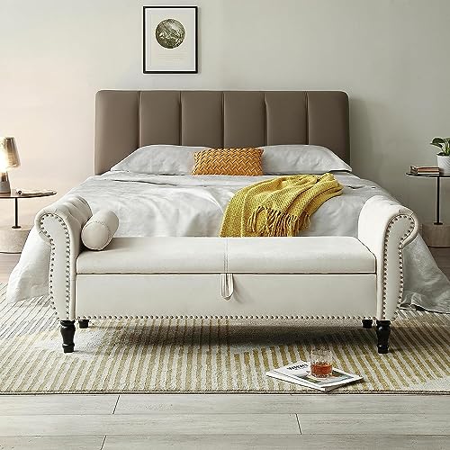 63" Button Tufted Velvet Upholstered Bench & Ottoman W/Storage for Bedroom End of Bed Home Entryway Living Space, Soft Padded Footstool w/Nailhead Decor and Pillow, Grey V