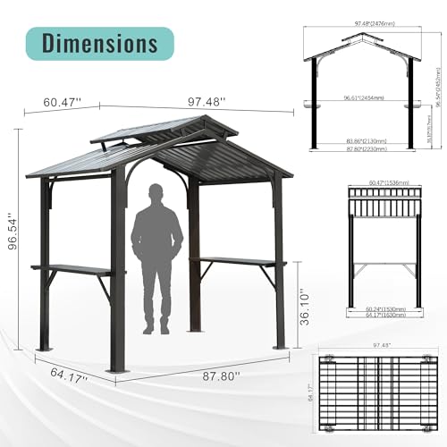Domi 8x5FT Hardtop Grill Gazebo, Outdoor BBQ Gazebo with 2 Side Shelves and Bottle Opener, Outdoor Grill Canopy with Galvanized Steel Double Roof for Patio Lawn Backyard Deck, Brown