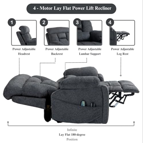 Light Grey Recliner Chair for Elderly | Tall and Big Man 400lbs | Chenille | Power Lift, Lay Flat, Stand Up, Wireless Charging Device, Extended Footrest, Massage Heat, Cup Holder, Lumbar Pillow