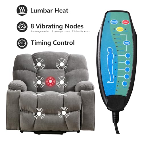 CANMOV Oversized Power Lift Recliner Chair for Elderly, Dual Motor Electric Heavy Duty Lift Recliner with Massage, Heating, USB Port, Cup Holders and Pockets, Brown