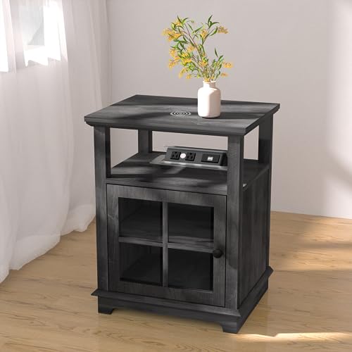 End Table with Charging Station, Side Table with Storage, White Nightstand with Adjustable Shelf, Wireless Charging End Table for Living Room, Bedroom