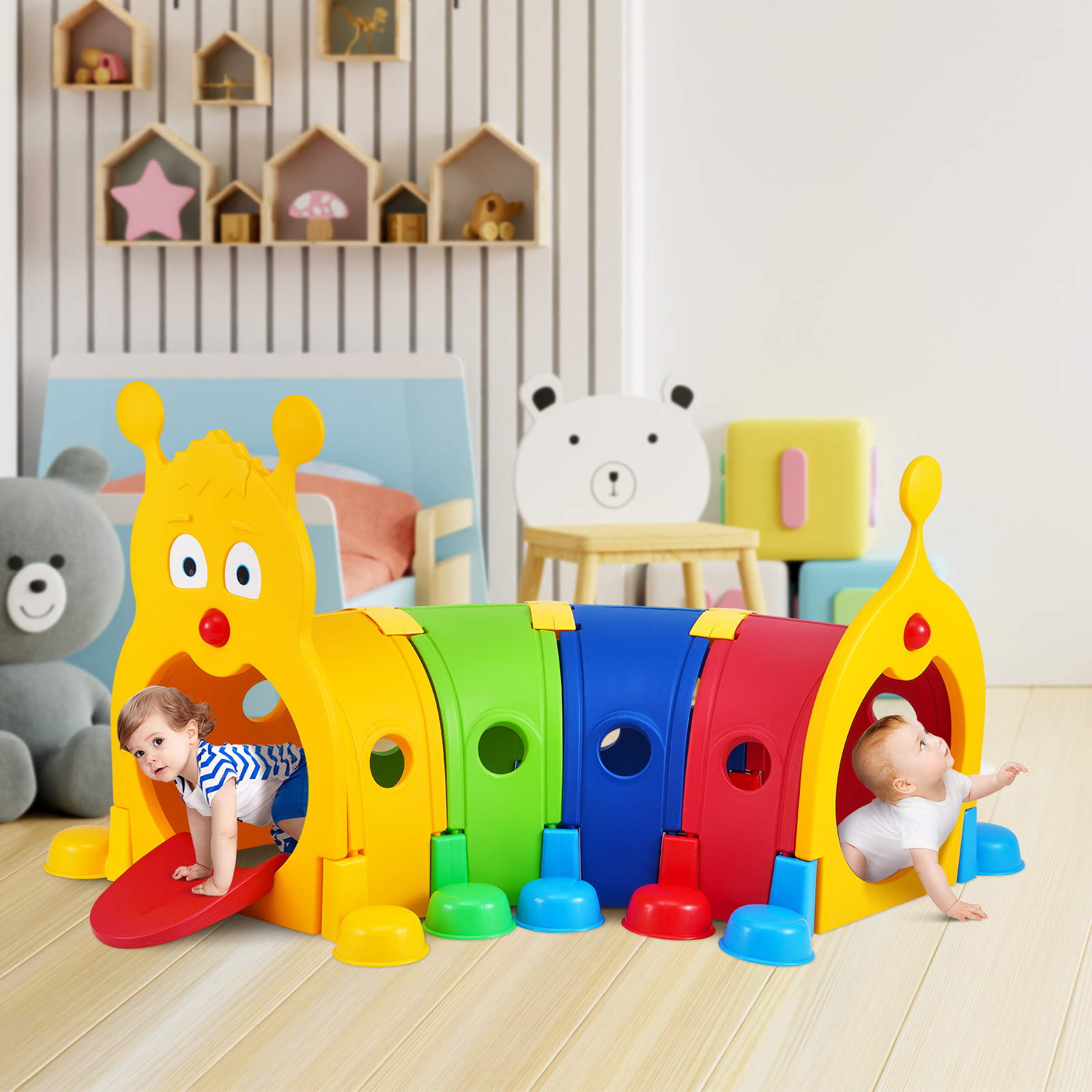 SKYSHALO 4 Sections Caterpillar Kids Toy Pop-up Crawl Tunnel for Toddlers or Pet