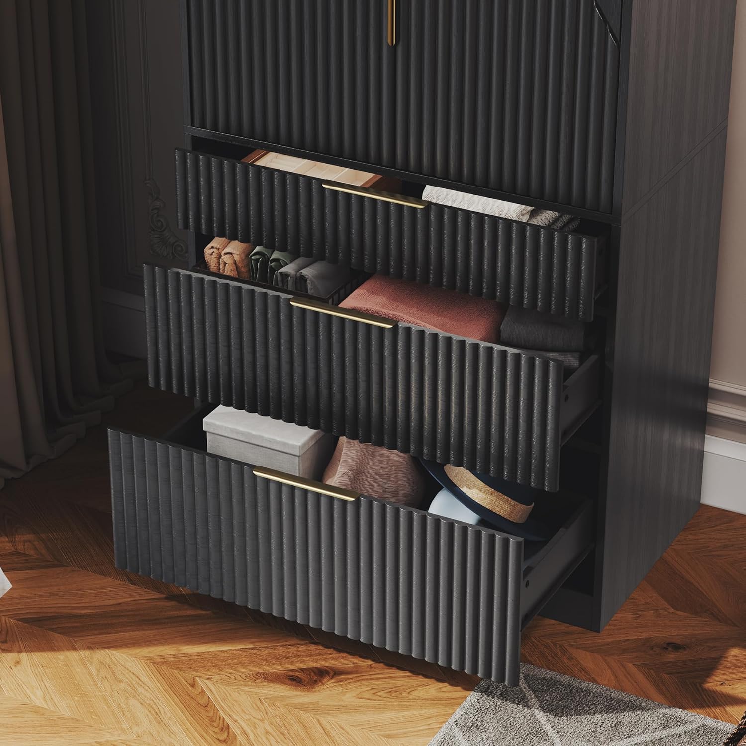 71.7 " Wardrobe Armoire Wooden Closet with 2 Doors and 3 Drawer, Bedroom Armoire with Hanging Rod Shelf, Large Capacity Storage Wardrobe Armoire, Freestanding Wooden Closet Storage Cabinet Black