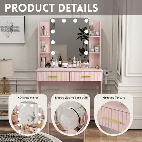 Vanity Desk with LED Lighted Mirror, Makeup Vanity with 3 Adjustable Lights, 2 Large Drawers and 4 Open Shelves, White Vanity with Storage Stool for Bedroom