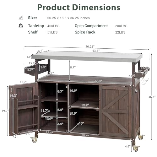 Outdoor Kitchen Island, Rolling Bar Cart & Storage Cabinet, Farmhouse Solid Wood Outdoor Grill Table with Stainless Steel Top, Spice Rack, Towel Rack for Kitchen & BBQ (Natural)