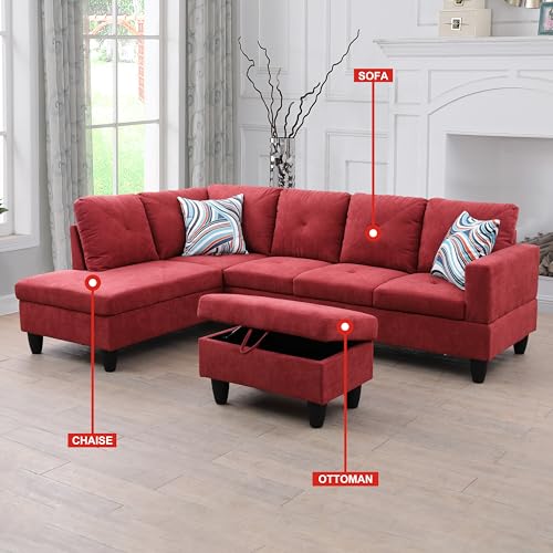 Red Flannelette 3-Piece Living Room Sofa Set (C+S)