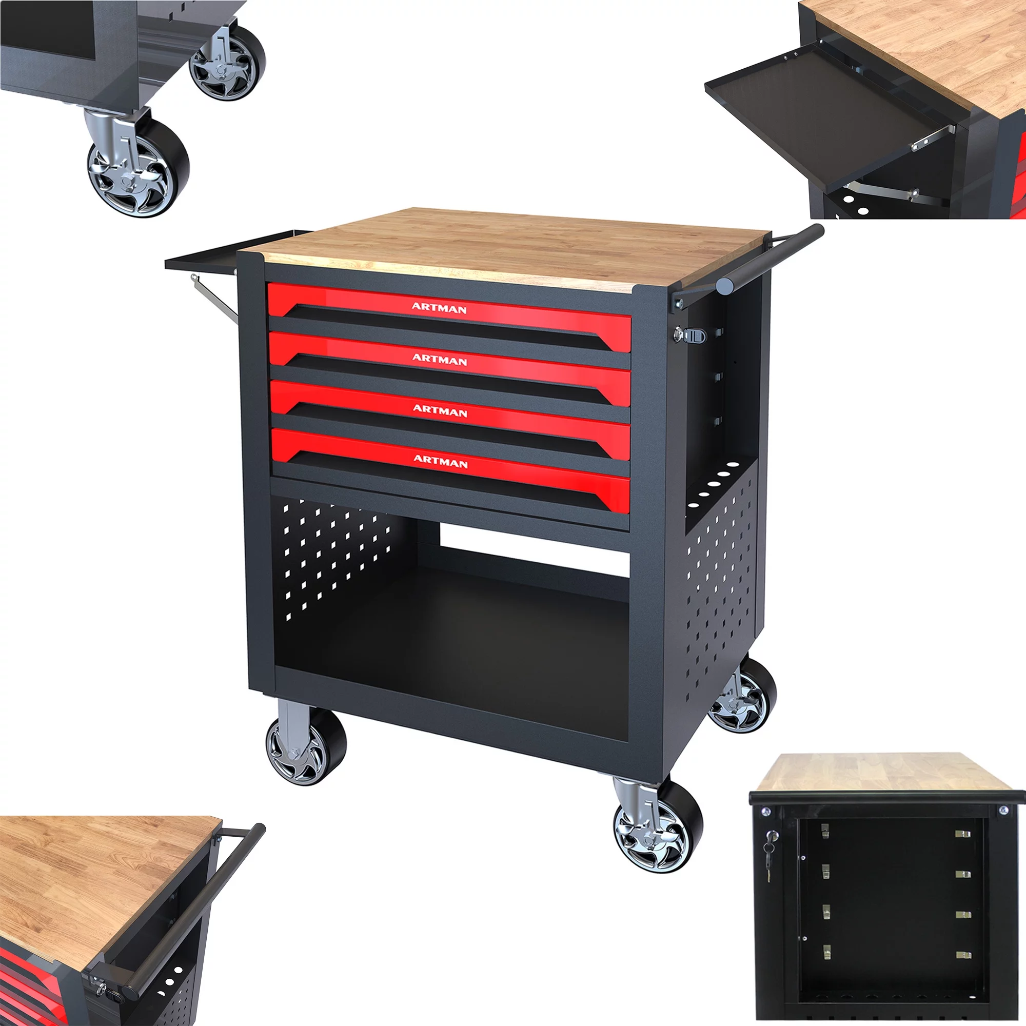 Seizeen 4-Tier Rolling Tool Cart, Multi-Purpose Mechanic Tool Chest On Wheels with Cabinet, Extended Tray & Handle, Heavy Duty Work Bench with Wooden Top and Tool Storage Organizer