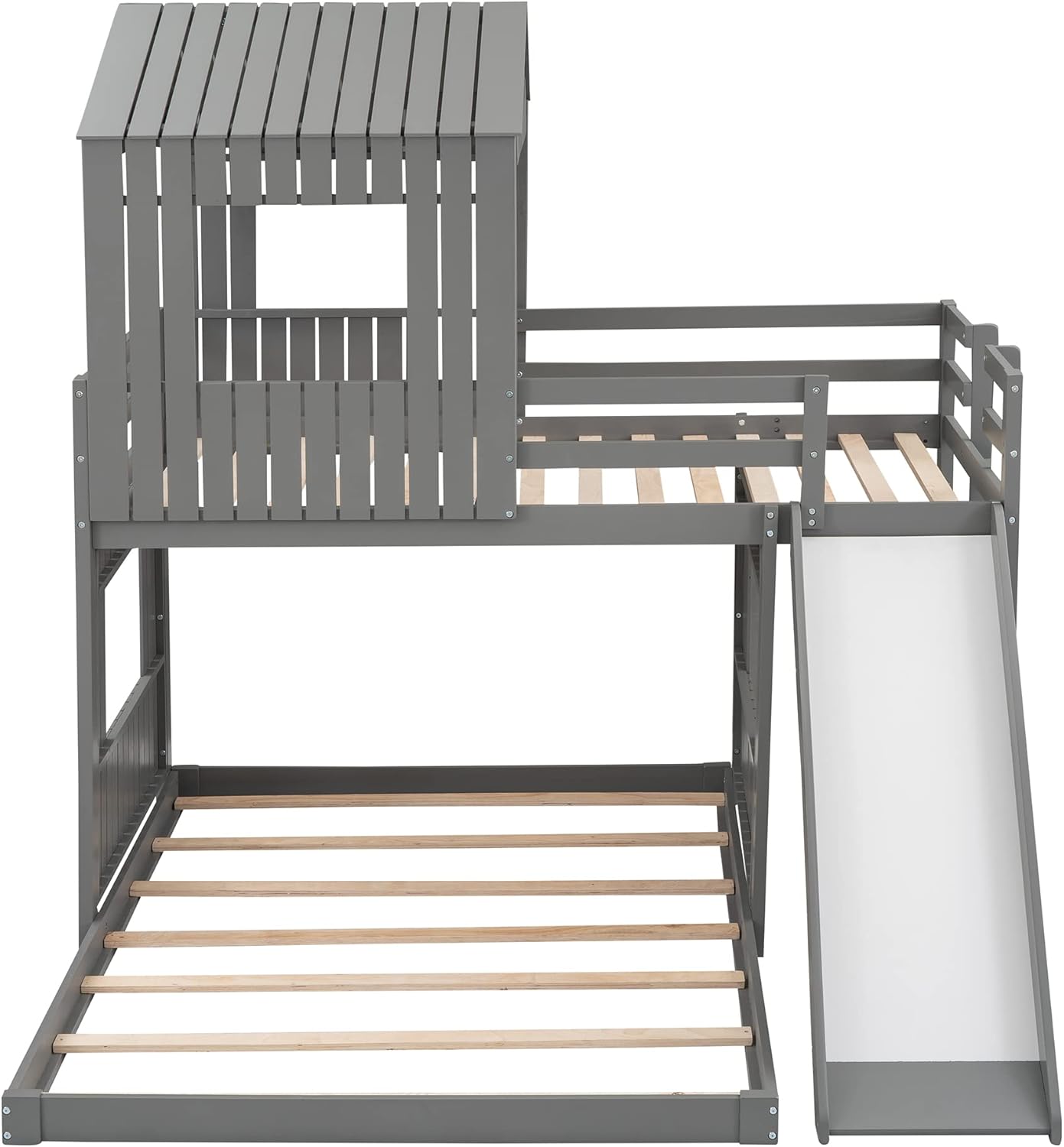 Twin Over Full Bunk Bed, Wood House BunkBed Frame with Ladder, Slide and Guardrails for Kids Teens, No Box Spring Needed, Space-Saving Design, Gray