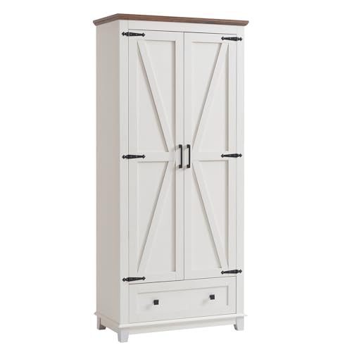 AMERLIFE 72" Tall Kitchen Pantry Storage Cabinet, Farmhouse Food Pantry Cabinet for Kitchen, Dining Room, Living Room, Adjustable Shelves and Drawer, White