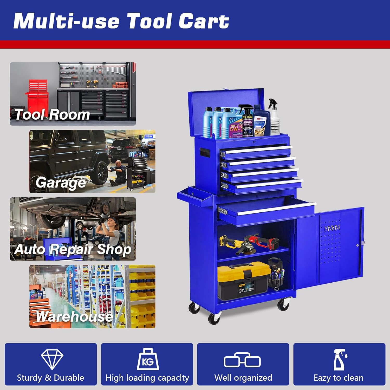 5-Drawers Tool Cabinets On Wheels, Rolling Tool Chest with Drawers, Craftsman Tool Box with Adjustable Shelf, Tool Storage Organizer for Warehouse, Garage, Workshop, Blue