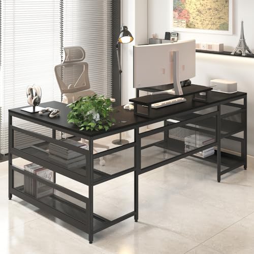 Computer Desk U Shaped 82" with LED Lights and Power Outlets, Reversible Gaming Desk with Monitor Stand, Corner Gaming Desk for Home Office Workstation, Printer Storage Shelves, Two Person Desk,Black