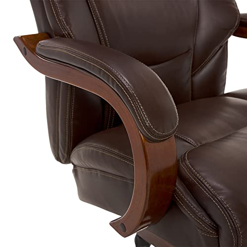 La-Z-Boy Delano Big & Tall Executive Office Chair, High Back Ergonomic Lumbar Support, Bonded Leather, Black with Weathered Gray Wood