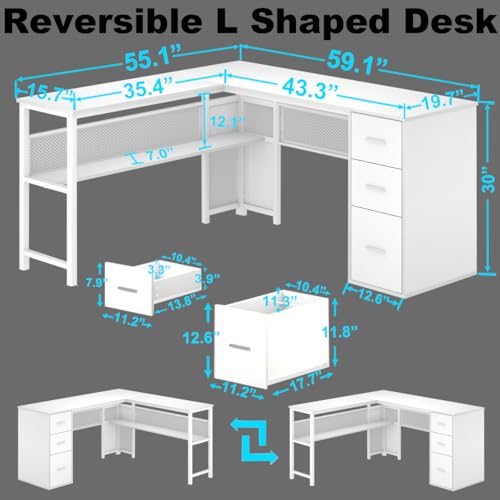 LVB Reversible Gray L Shaped Corner Desk, Farmhouse Wood Computer Desk with File Drawers Cabinets, Large Work Study Executive Home Office Desk with Storage Shelves for Bedroom, Light Grey Oak, 59 Inch