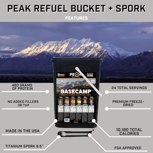 Peak Refuel Essentails Bucket | 100% Real Meat | Premium Freeze-Dried Meals for Backpacking, Camping & Survival | 24 Servings | MRE Emergency Food