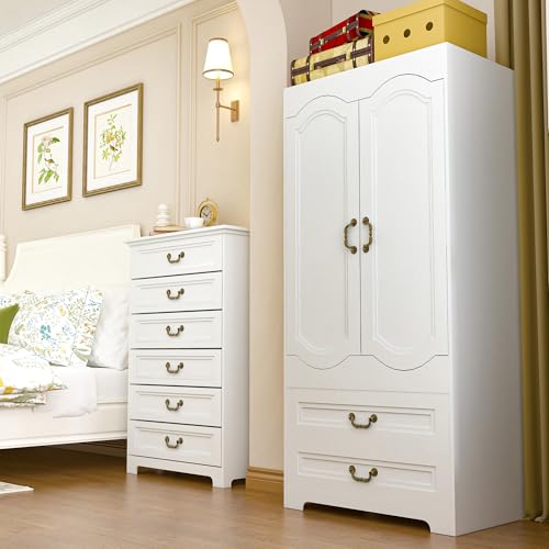 Luxurious 2 Door Wardrobe with 2 Drawer,White Vintage Armoire with Clothing Rod,67" Tall Wooden Closet Wardrobe Cabinet for Bedroom (White)