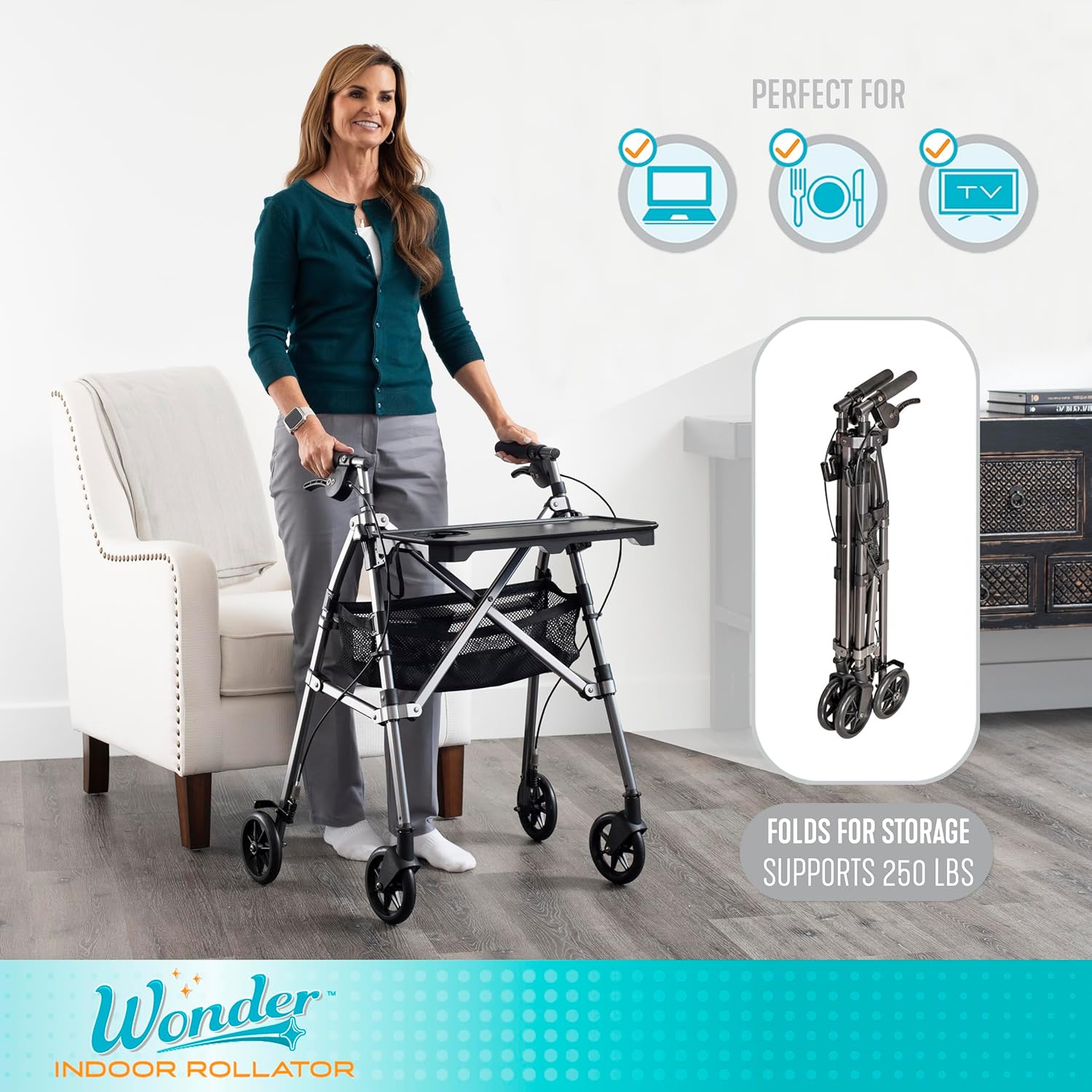 Stander Wonder Indoor Rollator with Tray and Basket, Lightweight Folding Mobility Rolling Walker for Seniors and Adults, Narrow Walker with 6-inch Wheels, Locking Brakes, Black Walnut
