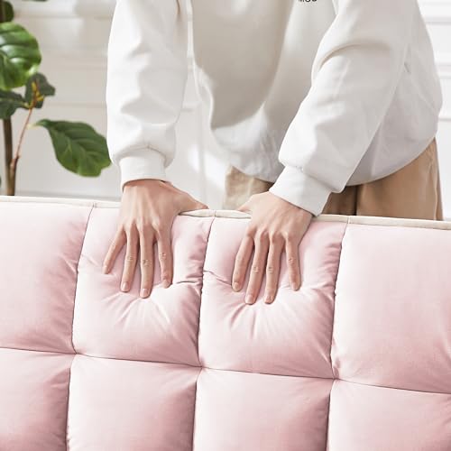 Pull Out Sofa Bed Velvet Sleeper Sofa Bed, Convertible Loveseat Sofa Bed with Reclining Backrest, USB Port, Ashtray Swivel Phone Stand and Pockets (Pink)