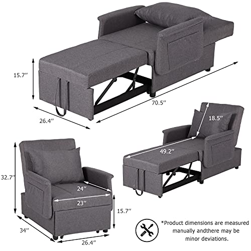 Sleeper Chair, 3 in 1 Chair Bed Sleeper for Adults, Pull Out Sleeper Sofa Convertible Single Lounge Chair with Pillow, Side Pockets for Living Room Small Space (Black)