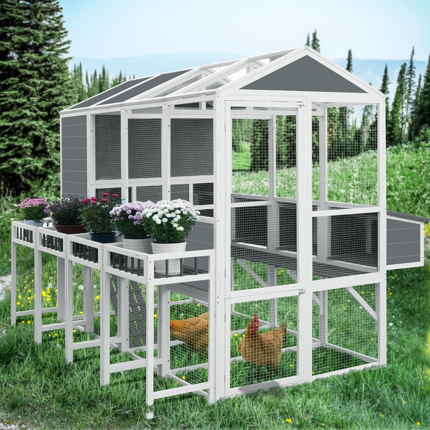 95'' Large Chicken Coops for 10 Chickens, Wooden Walk-in Chicken House Outdoor Chicken Coop with 4 Nesting Box, 3-Tier Hen House Poultry Cage