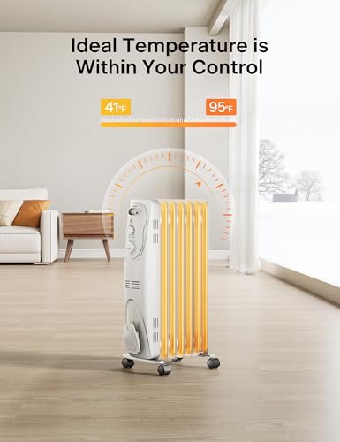 PELONIS Oil Filled Radiator Heater for indoor use Large Room Safe with Thermostat, 1500W Energy Efficient Quiet Space Heater, 3 Heat Settings, Overheat & Tip-Over, Black