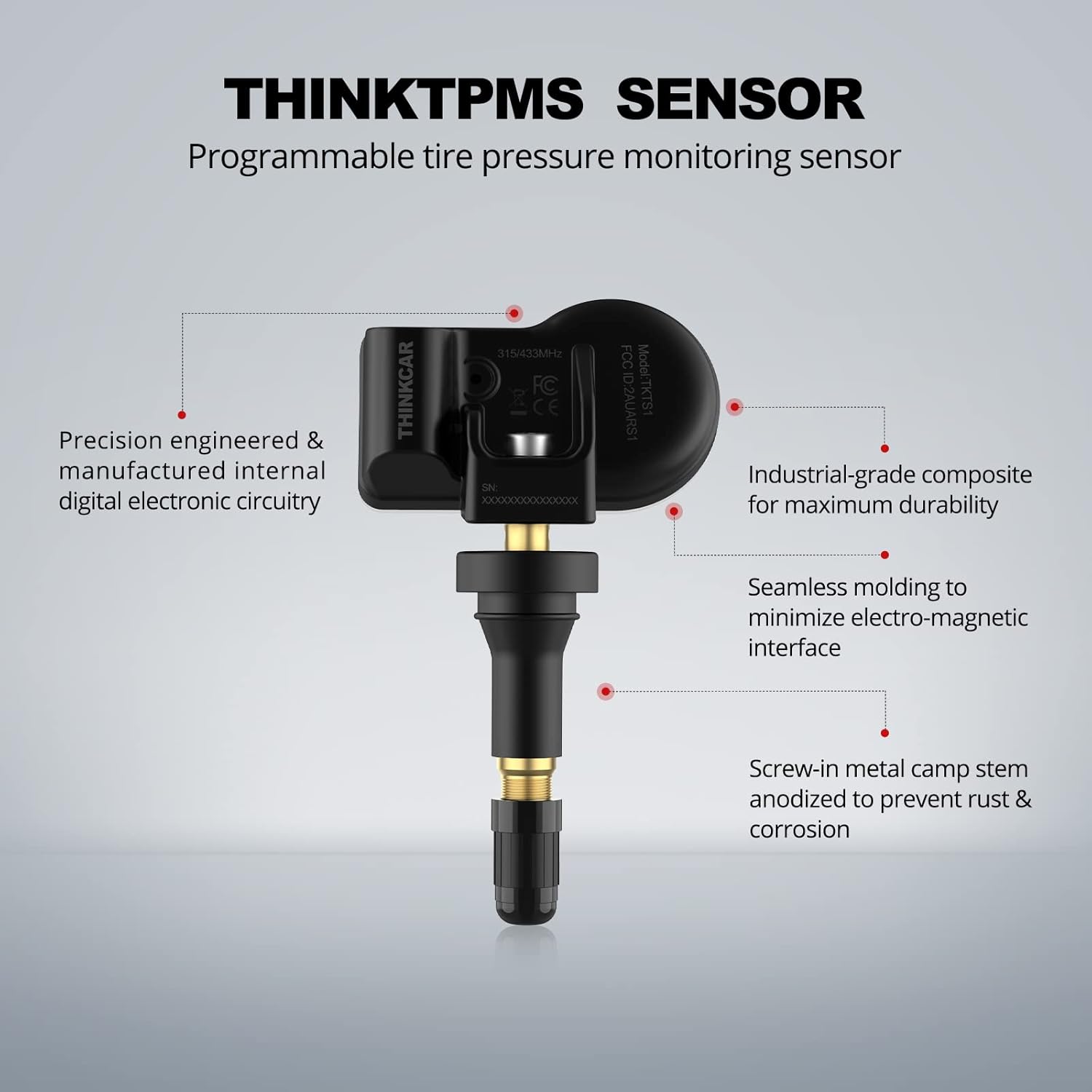THINKCAR 433+315 MHz Tire Pressure Sensor, THINKTPMS S1 Screw-in Rubber Stem OE-Level Sensor for All Cars, Replace 98% OEM Tire Sensors, for THINKTPMS G1,THINKTOOL Mini, PD8, PRO