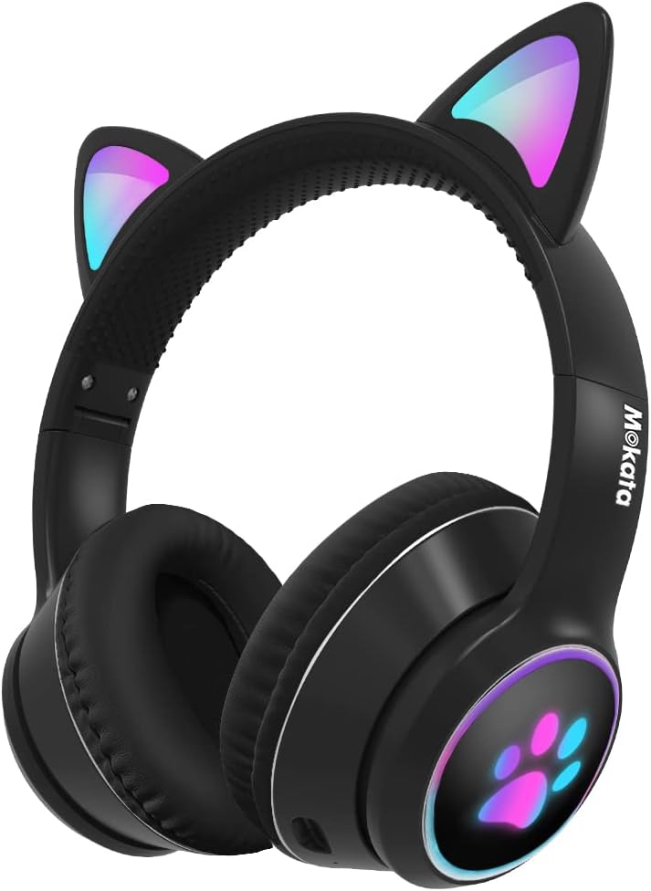 Mokata Gaming Headphone Wired AUX 3.5mm Over Ear Cat LED Light Fit Adult & Kids Foldable Stereo Headset Earmuffs with Microphone for PC PS4 Game Cellphone Laptop Pad H02 Navy Blue