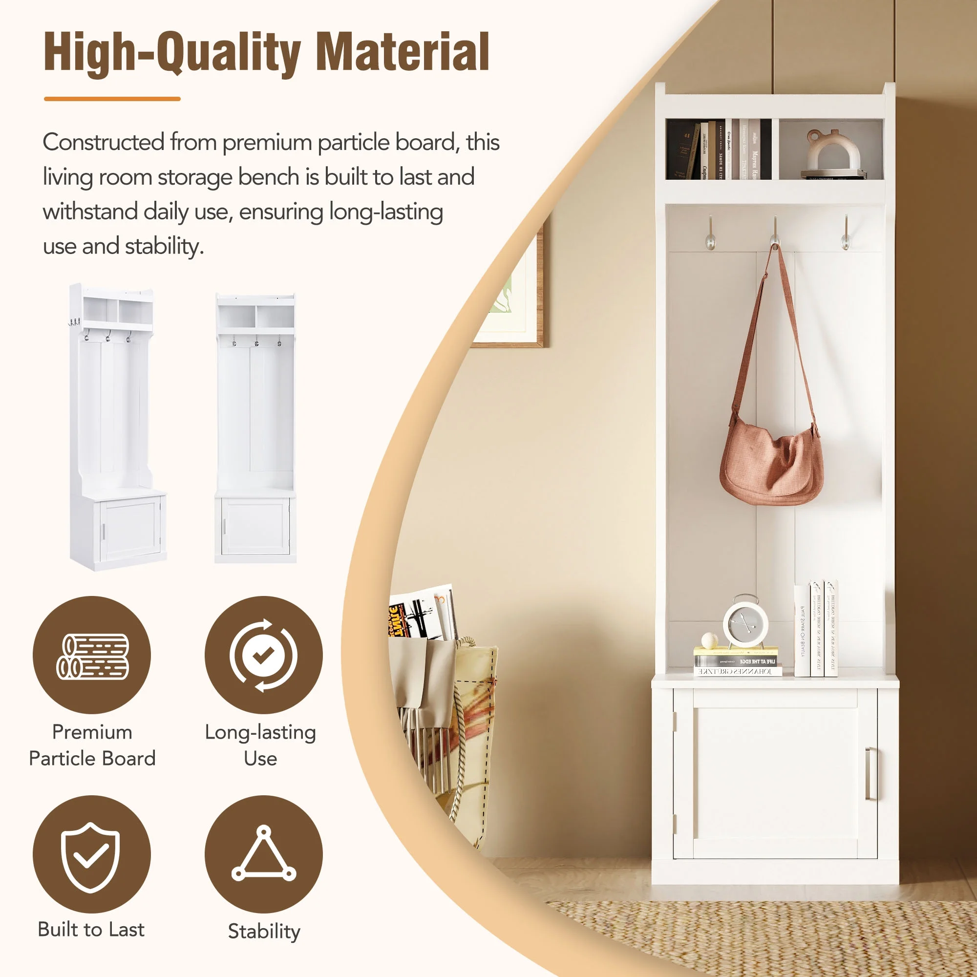 CoSoTower Minimalist Slim Hall Tree with Cabinet & 6 Hanging Hooks, Multi-Functional Storage Bench with Coat Rack, Elegant Foyer Cabinet for Hallway, Living Room, White
